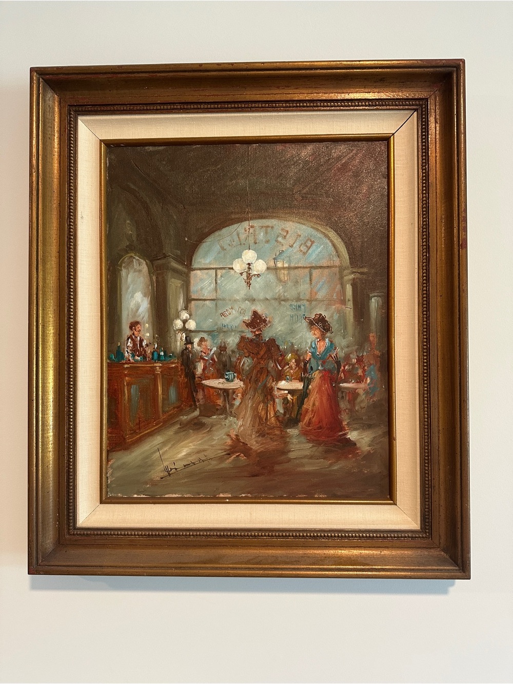 Vintage Framed Café / Bar Scene Oil Painting with artist signature